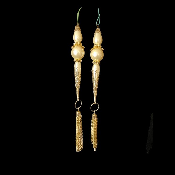 Set of 8 Gold White Pearls, Tassels, Crochet, Angel, Vintage Christmas Ornaments - Picture 5 of 9